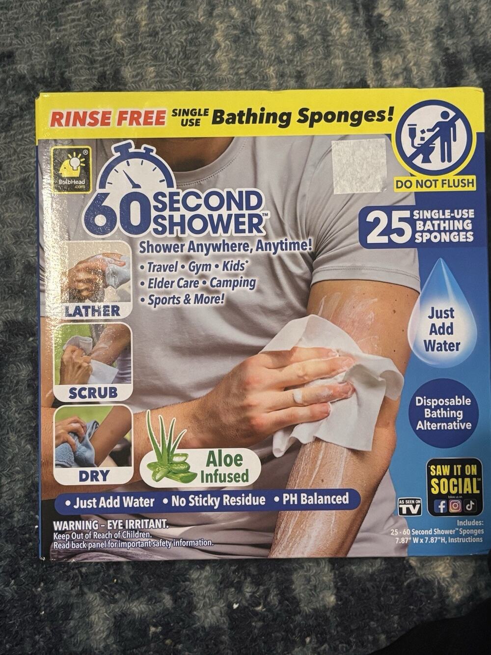 60 Second Shower Rinse Free 25 Single Use Bathing Sponges New 3 Available